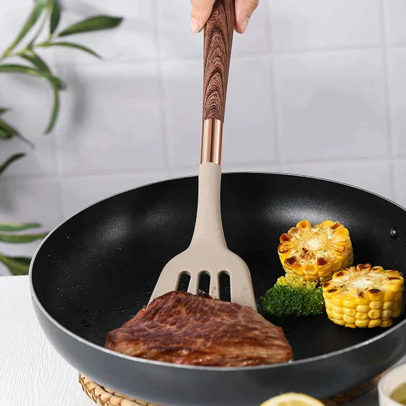 Ensemble d'Ustensiles de Cuisine en Silicone - 10 Pièces avec Manches en Bois