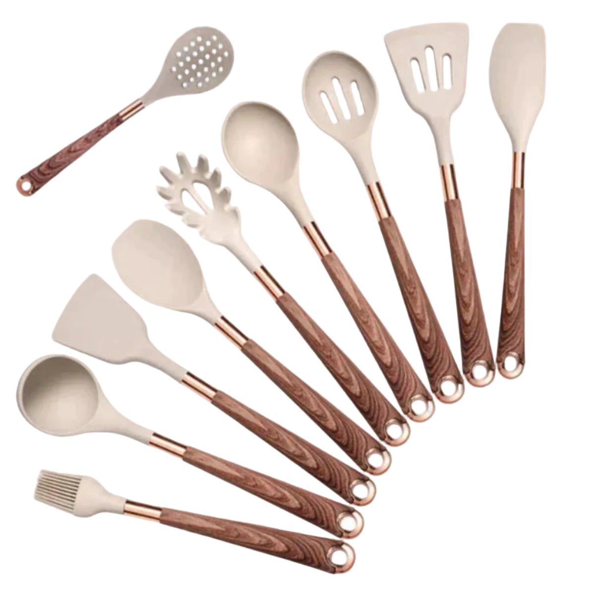 Ensemble d'Ustensiles de Cuisine en Silicone - 10 Pièces avec Manches en Bois