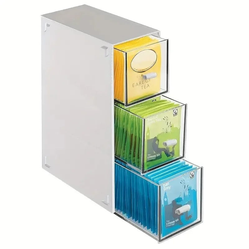 Organisateur de Thé et de Cuisine avec Tiroirs - Boîte de Rangement Compacte à 3 Compartiments