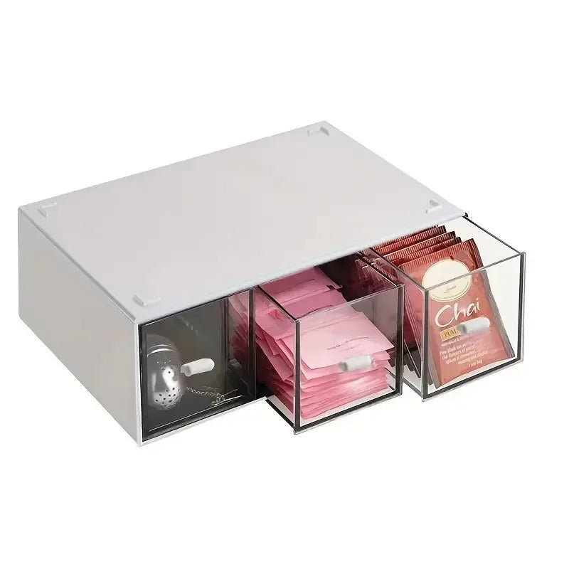 Organisateur de Thé et de Cuisine avec Tiroirs - Boîte de Rangement Compacte à 3 Compartiments