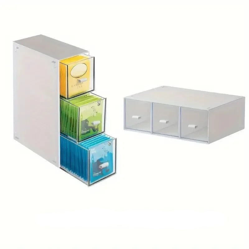 Organisateur de Thé et de Cuisine avec Tiroirs - Boîte de Rangement Compacte à 3 Compartiments