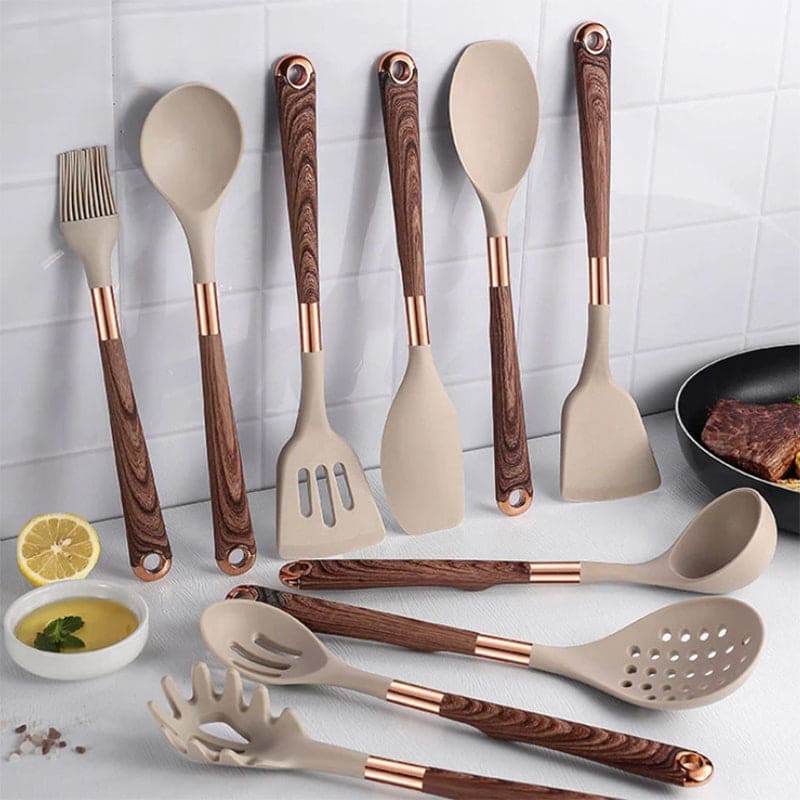 Ensemble d'Ustensiles de Cuisine en Silicone - 10 Pièces avec Manches en Bois