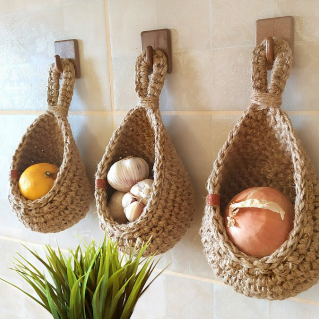 Paniers Suspendus en Fil Jute - Rangement Mural pour Fruits, Légumes et Articles de Maison