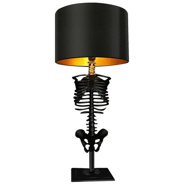 Lampe de Table Squelette - Figurine en Résine avec Base en Bois et Abat-Jour